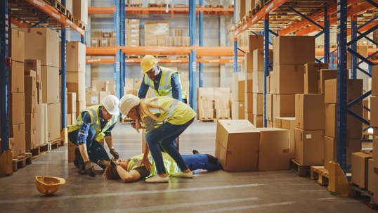 warehouse workers tending to injured coworker